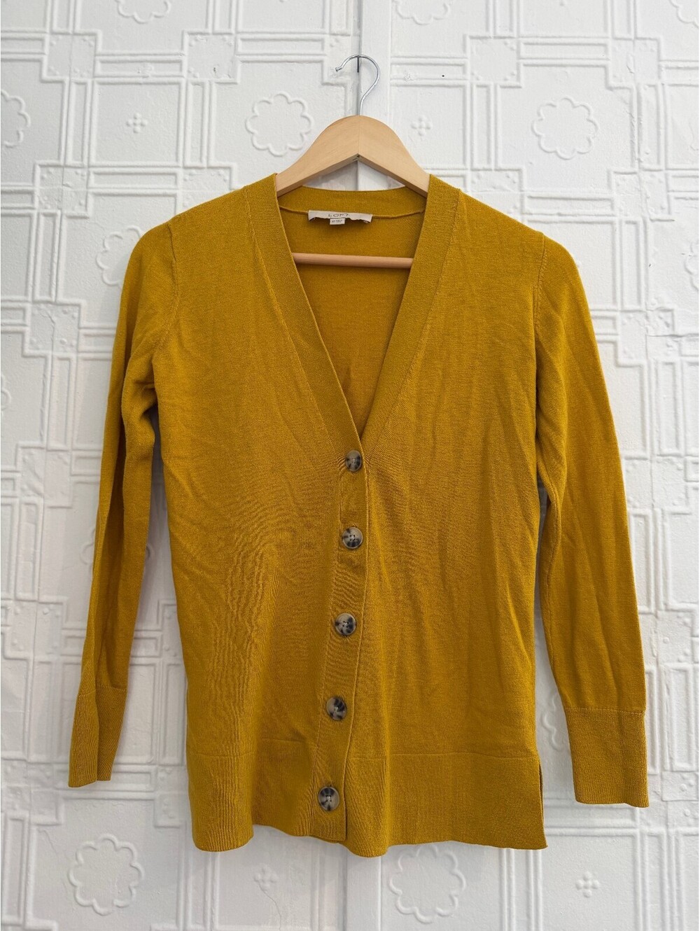LOFT Mustard Yellow V-Neck Button Cardigan Sweater Wool Blend XS